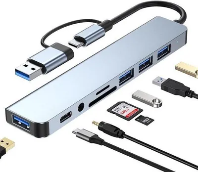 Immagine prodotto di Adattatore USB-C 3.0 in alluminio, a 8 porte, lettore di schede SD/TF, presa per cuffie