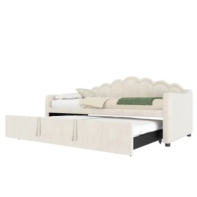 Produktbild von Merax 3-in-1 Tagesbett mit LED-Beleuchtung, Kinderbett Zweisitzer Sofabett, Ausziehbares Doppelbett (90×200 cm/180×200 cm), Samtbezug in Beige