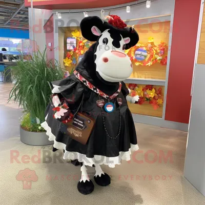 Produktbild von Schwarze REDBROKOLY Hereford-Kuh Maskottchen kostümfigur bekleidet mit einem A-Linien-Rock und Schlüsselanhängern