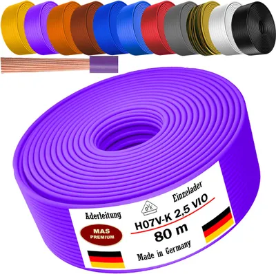 Immagine prodotto di Cavo di alimentazione da 80 metri, tipo H07 V-K, colore viola (lilla), con un singolo conduttore flessibile da 2,5 mm²