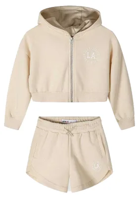 Produktbild von Minoti - Sweatshirt und Shorts Set für Mädchen, Mit vorderem Reißverschluss MN782 (116) (Beige)