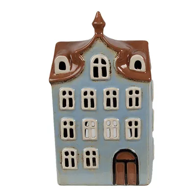 Image de Clayre & Eef Porte-bougie à chauffe-plat Maison 13x9x22 cm Bleu Marron Céramique