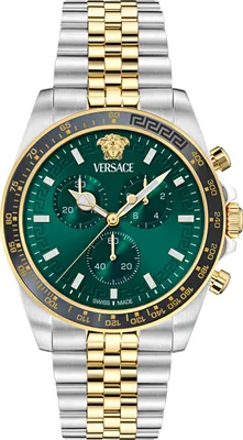 A close-up studio shot of a men's chronograph watch with a green dial, gold and silver band, and gold accents.