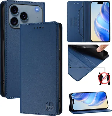 Produktbild von Lederhülle für iPhone 17 Pro Hülle Flip Brieftasche Kartenfächern Ständer Schutzhülle Blau