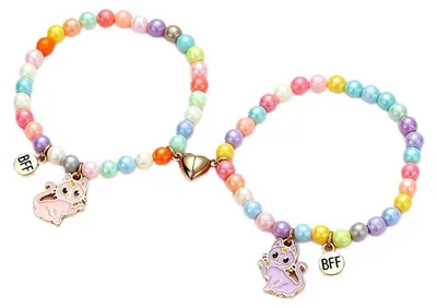 Produktbild von Armband mit Katzenanhänger, Freundschaftsarmband, rosa Perlen, für Damen und Mädchen