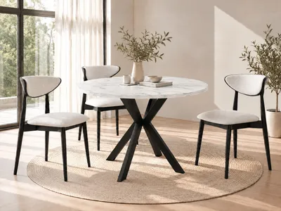 Produktbild von Runder Ausziehbarer Esstisch in Weißer Marmoroptik - Loft Style Tisch mit Metallbeinen - 100 bis 180 cm - Industrieller Tisch für Wohnzimmer - Spacesaver - Marmor Weiß - 100 cm
