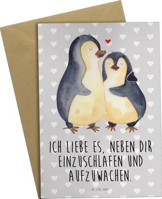 Produktbild von Mr. & Mrs. Panda babykarte Pinguine Einschlafen - Grau Pastell - Geschenk, Freundin, weihnachtskarten, für, Mitbringsel, einladungskarten, vatertagskarte, Grußkarten