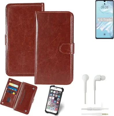 Produktbild von K-S-Trade 360° Hülle kompatibel mit Huawei P30 Lite inkl. Headphones braun Kunstleder Case BookCase WalletCase Kunstlederederhülle Handyhülle,