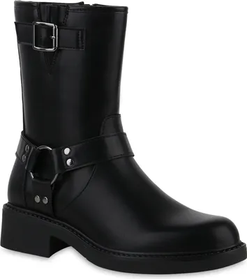 Produktbild von VAN HILL Damen Biker Boots Stiefeletten Nieten Stiefel Schnallen Schuhe 840869, Farbe: Schwarz, Größe: 37