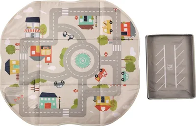 Produktbild von Primaflor 2-in-1 Aufbewahrungsbox mit Spielmatte - PLAY BOX - 35x26x22,5cm - Verstauen & Bespielen in Eimem - Kinderteppich mit Bauernhof - Spielteppich - Spielzeugkiste für Autos