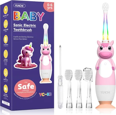 Produktbild von Elektrische Zahnbürste Kinder ab 0-6 Jahre Baby mit buntem LED Licht Smart Timer Kinderzahnbürste Kleinkind Schallzahnbürste mit 4 Weiche Bürstenköpfe