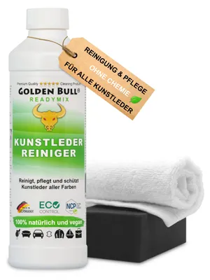 Produktbild von Golden Bull® Kunstleder Reiniger & Kunstleder Pflege Set - Kunstlederreiniger 500ml, Schwamm, Tuch - Kunstlederpflege für Auto, Sofa & Couch Reinigung