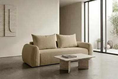 Obrázek produktu pro Sofa Kaiser Möbel s funkcí rozkládacího lůžka a úložným prostorem, potah Doha, béžová barva, model HELA, Obrázek vytvořený pomocí AI