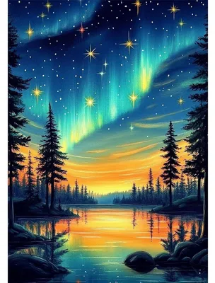 Immagine prodotto di Kit per Diamond Painting 5D, paesaggio boschivo con aurore boreali, dimensioni 30x40 cm