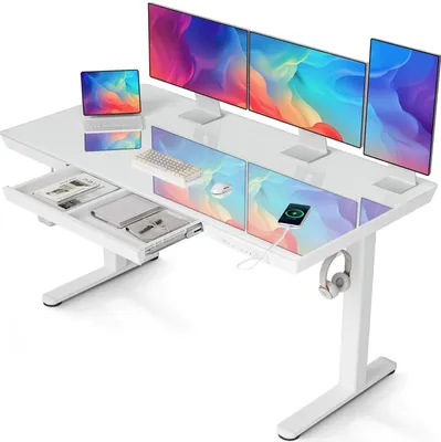 Zdjęcie produktu dla Biurko z regulacją wysokości i szklanym blatem 140x60 cm elektryczne