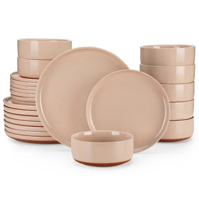 Produktbild von Tafelservice aus Steingut, 24-teiliges Kombiservice, Geschirrset für 8 Personen, Speiseteller, Dessertteller und Schalen, Pink