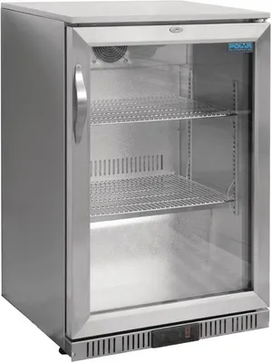 Immagine prodotto di Frigorifero da bar in acciaio inox, 138 litri - con chiusura di sicurezza, raffreddamento ventilato e illuminazione interna a LED.