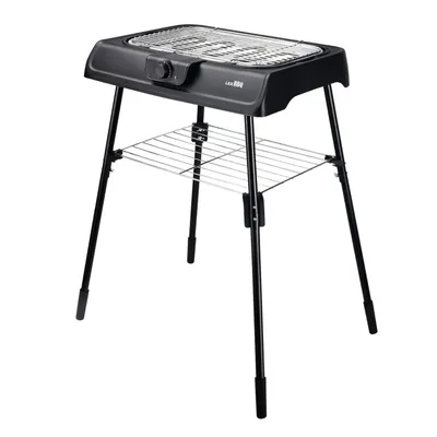 A black electric grill on a stand, shown against a white background.