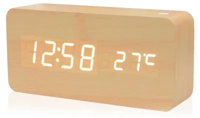 Zdjęcie produktu dla Cyfrowy drewniany budzik z wyświetlaczem LED – wielofunkcyjny, z funkcją wyświetlania godziny, daty i temperatury – do domu, biura i w podróży