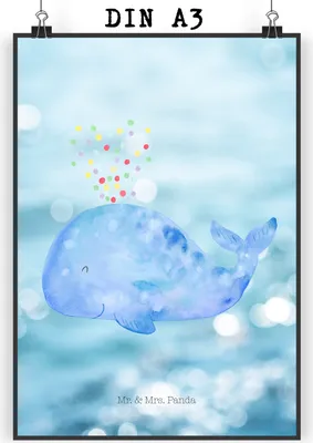 Produktbild von Mr. & Mrs. Panda Bild Wal Konfetti DIN A3 - Oceanblue - Geschenk, Meer, Geburtstag, Diät, Trennung, wanddeko, drucke, Wandschmuck, Kunstdruck, Abnehmen, Wandbild