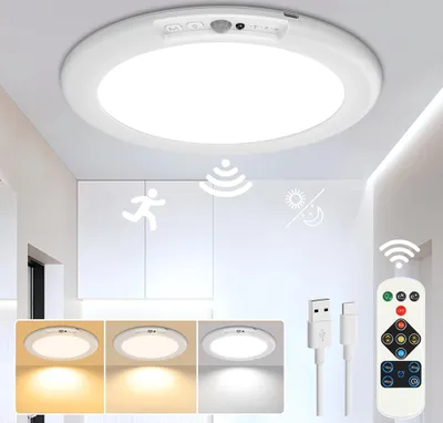 Produktbild von LED Deckenleuchte mit Bewegungsmelder und Fernbedienung, 3000K-6500K Dimmbar Akku Deckenlampe Ohne Stromanschluss, 19cm 6000mAh