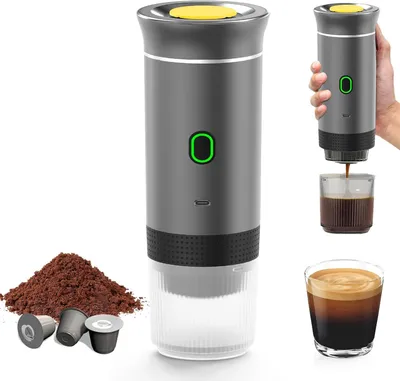Produktbild von Tragbare Kaffeemaschine, elektrische Reise-Espressomaschine mit Heizung, für 12-V-Auto und Camping, Camping-Kaffeemaschine, tragbare Reise-Kaffeemaschine für Espressokapseln oder gemahlenen Kaffee (Grau)