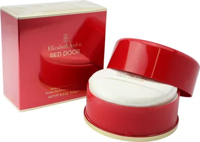 Elizabeth Arden Red Door Körperpuder mit eleganter roter Dose, goldener Beschriftung und weicher Quaste zum Auftragen.