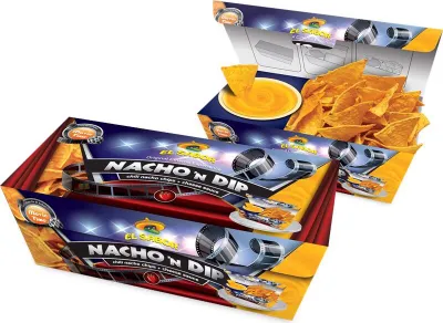 Three boxes of El Sabor Nacho n Dip are stacked, with one box open showing nachos and cheese dip.