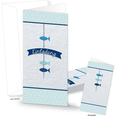 Produktbild von Einladungskarten blaue Fische für Taufe & Kommunion DIN lang 10 Stück10 Stück