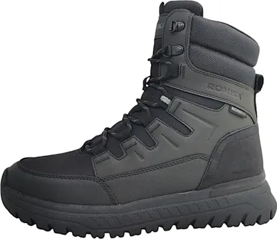 A black and gray winter boot is shown against a white background.