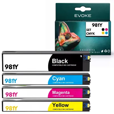 Immagine prodotto di Inchiostri compatibili per stampanti HP 981Y HP981, formato 4x CMYK: Nero, Ciano, Magenta, Giallo, capacità 760 ml, per stampanti PageWide Enterprise 556, 556dn, 556xh; Color MFP 586, 586dn, 586f, 586z; Managed E55650, E58650, Immagine generata dall'IA