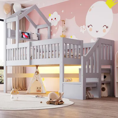 Productafbeelding van Kinderbed met hemelbed, 90 x 200 cm, met frame, plank met USB-aansluiting, LED-lichtstrip, beschermingsreling en opbergruimte, grijs