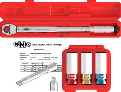 Produktbild von FAMEX 10886-3N Drehmomentschlüssel Set 1/2 Zoll (12,5mm) 30-210 Nm - mit Spezial-Einsätze für Radschrauben