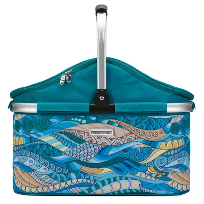A teal and blue patterned insulated shopping basket with a silver handle.