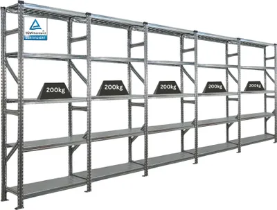 Produktbild von Fachbodenregal PROXIMO mit  Stecksystem | Komplettregal | HxBxT 200x450x32cm | 5 Ebenen | Fachlast 200 kg | Beidseitig nutzbar | Verzinkt