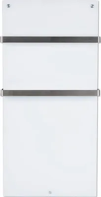A white wall-mounted electric towel warmer with two silver bars.