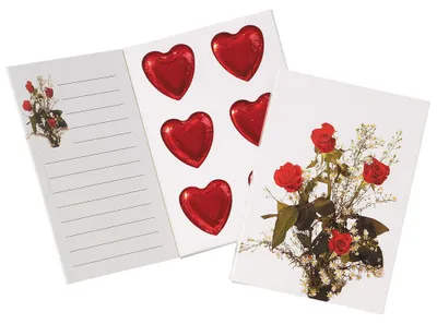 Produktbild von Grußkarte "Rosenmotiv" 54 g / Schokolade Herzen / Valentinstag / Muttertag