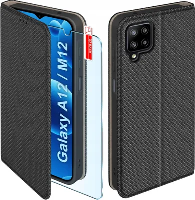 Obrázek produktu pro Pouzdro s klopkou pro Samsung A12 | M12, černé, s tvrzeným sklem 9H