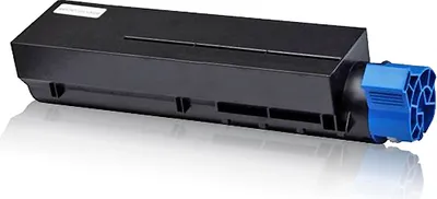 A black toner cartridge with a blue end cap, shown on a reflective white surface.
