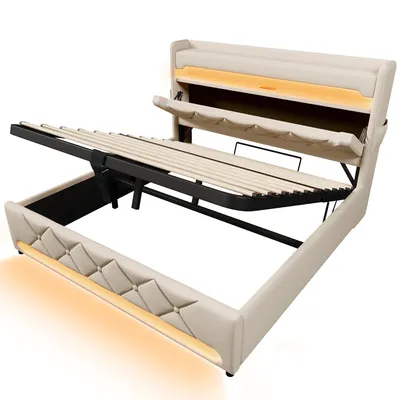 Produktbild von Abrihome Polsterbett 180x200cm mit USB und Typ C-Port, Jugendbett Stauraumbett mit LED, Betten mit Hydraulisch Stauraum, Leinen, Beige(Ohne Matratze)