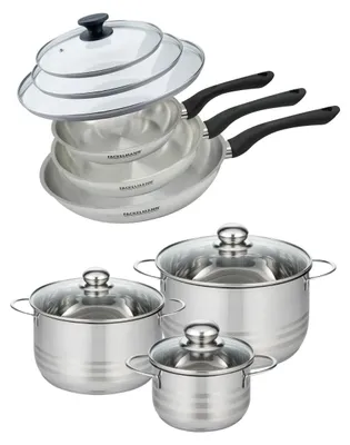 Image de Set de 3 poêles 20 24 et 28 cm en inox et couvercles, 3 faitouts inox 16, 20 et 24 cm Fackelmann Geneva