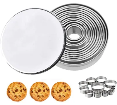 Produktbild von Runde Keksformen, 12-teiliges Set mit Aufbewahrungsbox, Dessert-/Essringe, Antihaftbeschichtung, DIY-Backutensilien, Keksformen aus Edelstahl für Kuchen, Kekse und Donuts.