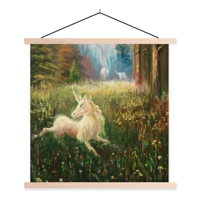 Produktbild von MuchoWow® Textilposter Eine Illustration eines Einhorns in einem Wald - Mädchen - Kinder - Kinder 40x40 cm mit holzfarbenen Rahmen - Posterleiste