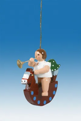 Produktbild von Baumbehang Engel auf Schaukelpferd mit Trompete ohne Krone Höhe ca. 6cm NEU