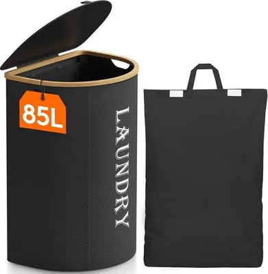 Produktbild von Faltbarer Wäschekorb Schwarz 85L mit Deckel, ausziehbarem Waschbeutel und verstärkten Stützpfeilern