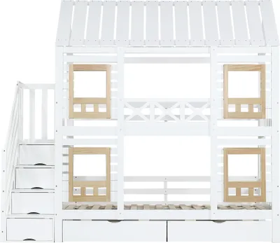 Produktbild von Merax Etagenbett Kinderbett 90x200 cm mit Fenster & Stauraumtreppe, Hochbettt mit 2 Schubladen, Dachdesign, farbigem Fallschutzgitter
