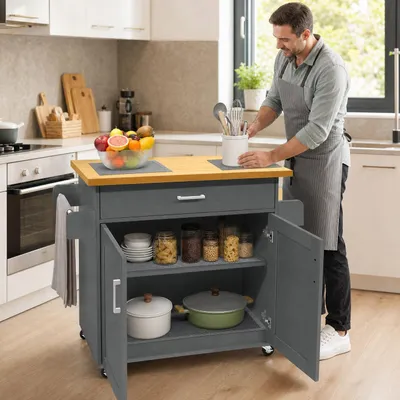 Produktbild von NAIZY Mobiler Küchen Servierwagen 115x36x90cm Grau, MDF Wagen mit Gewürzregal, Schubladen, Schrank und 4 Rädern für Küche Wohnzimmer