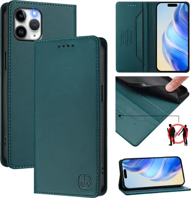 Produktbild von Lederhülle für iPhone 11 Pro Hülle Flip Brieftasche Kartenfächern Ständer Schutzhülle Dunkelgrün