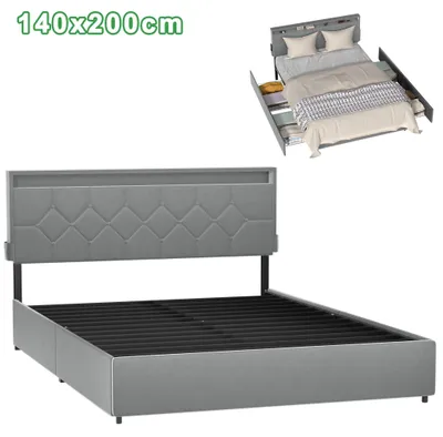Produktbild von JOIEYOU Modernes Polsterbett mit 4 Schubladen & Kopfteil, Bettgestell 140x200 cm, Stauraumbett Schlafzimmer, Bett mit Stauraum Hellgrau