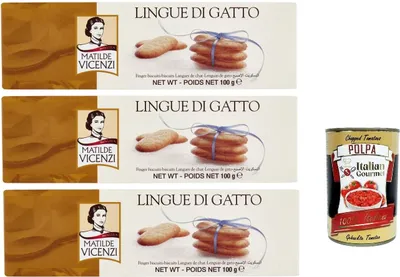 Produktbild von Pasticceria Matilde Vicenzi Lingue di gatto riegel Butterplätzchen cookies kekse italien snack 3x 100g + Itlaian Gourmet polpa 400g